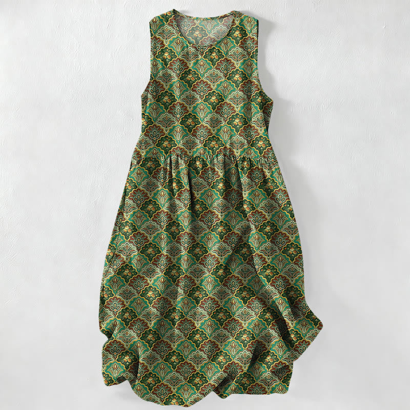 Nimara Ritual Summer Casual Vintage Persian Floral Pattern Women's Summer Sleeveless Midi Dress With Pockets