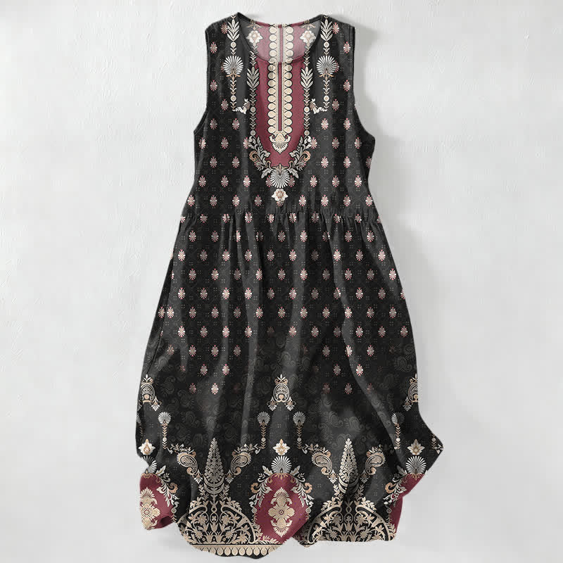 Nimara Ritual Summer Casual Pink Ethnic Floral Pattern Women's Summer Sleeveless Midi Dress With Pockets