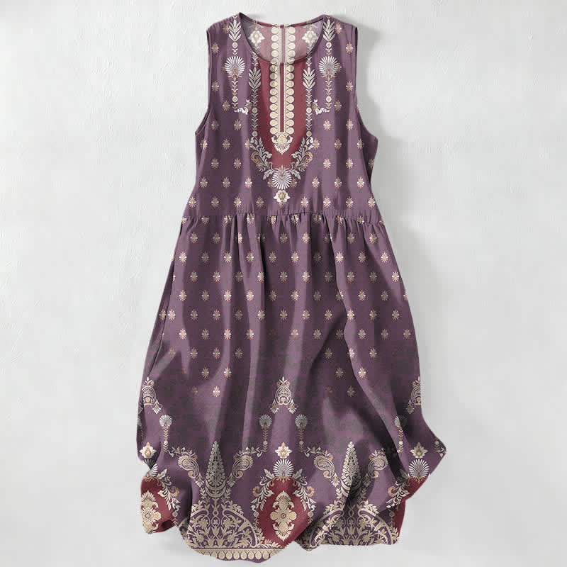 Nimara Ritual Summer Casual Pink Ethnic Floral Pattern Women's Summer Sleeveless Midi Dress With Pockets