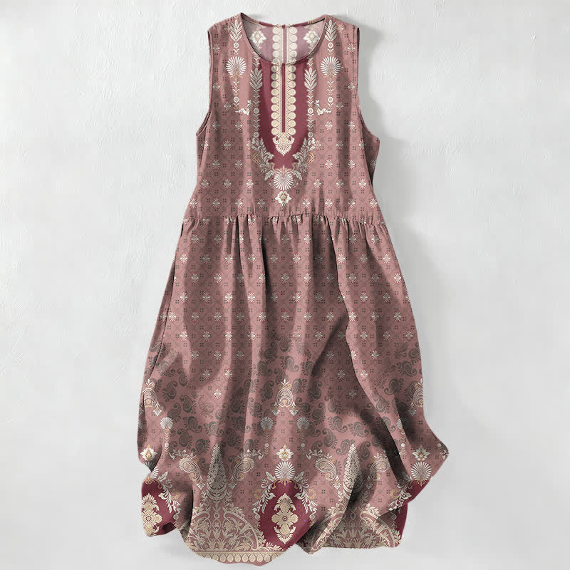 Nimara Ritual Summer Casual Pink Ethnic Floral Pattern Women's Summer Sleeveless Midi Dress With Pockets