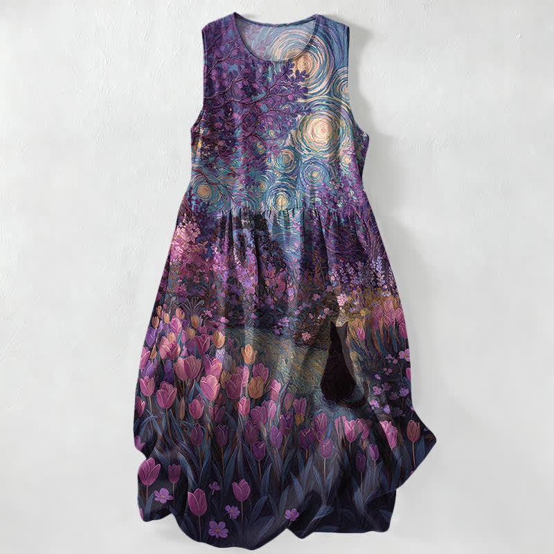 Nimara Ritual Summer Casual Oil Painting Style Floral Swirl With Black Cat Pattern Women's Summer Sleeveless Midi Dress With Pockets