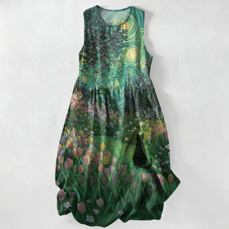 Nimara Ritual Summer Casual Oil Painting Style Floral Swirl With Black Cat Pattern Women's Summer Sleeveless Midi Dress With Pockets