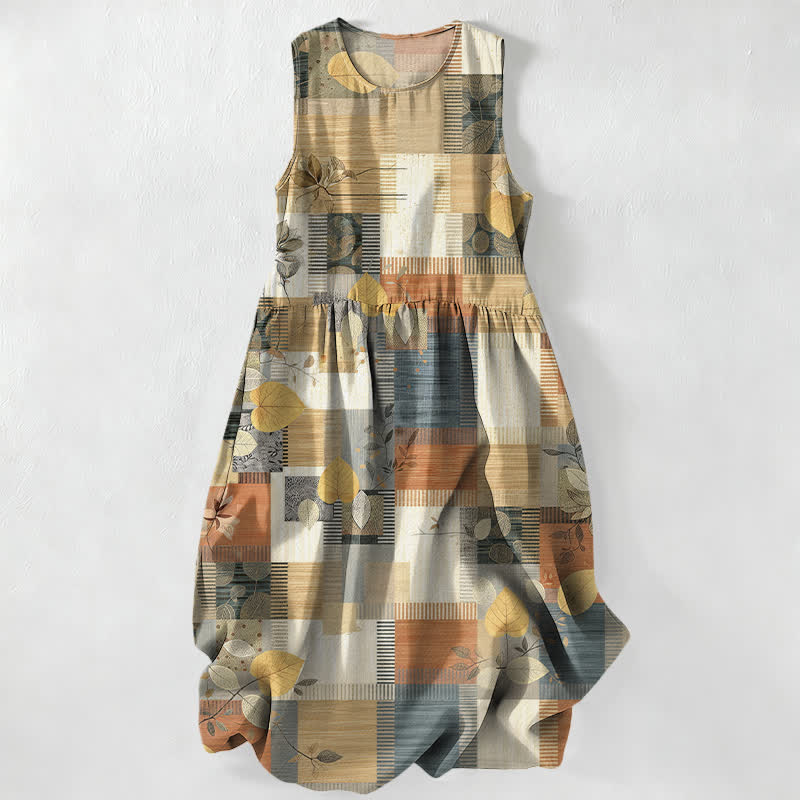 Nimara Ritual Summer Casual Patchwork Leaf Geometric Pattern Women's Summer Sleeveless Midi Dress With Pockets