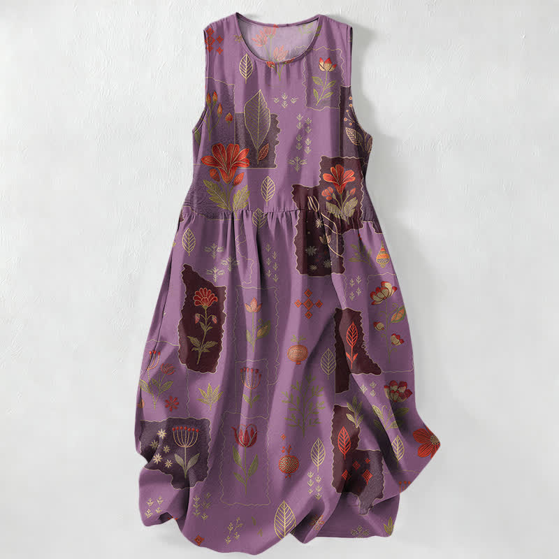 Nimara Ritual Summer Casual Vintage Floral Patchwork Leaves Pattern Women's Summer Sleeveless Midi Dress With Pockets