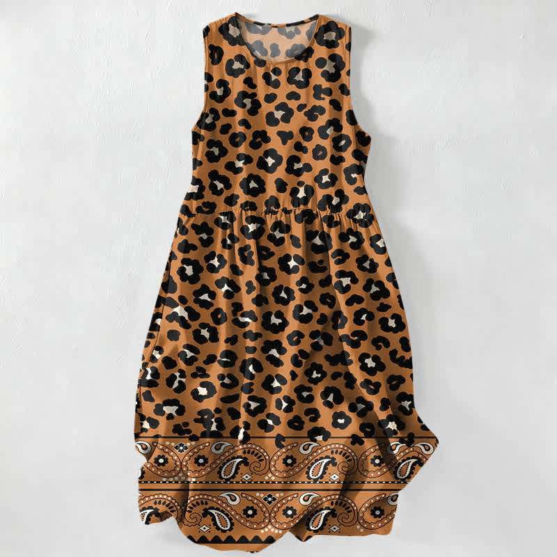 Nimara Ritual Summer Casual Vintage Leopard Paisley Border Pattern Women's Summer Sleeveless Midi Dress With Pockets