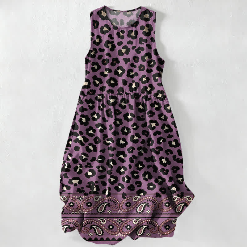 Nimara Ritual Summer Casual Vintage Leopard Paisley Border Pattern Women's Summer Sleeveless Midi Dress With Pockets