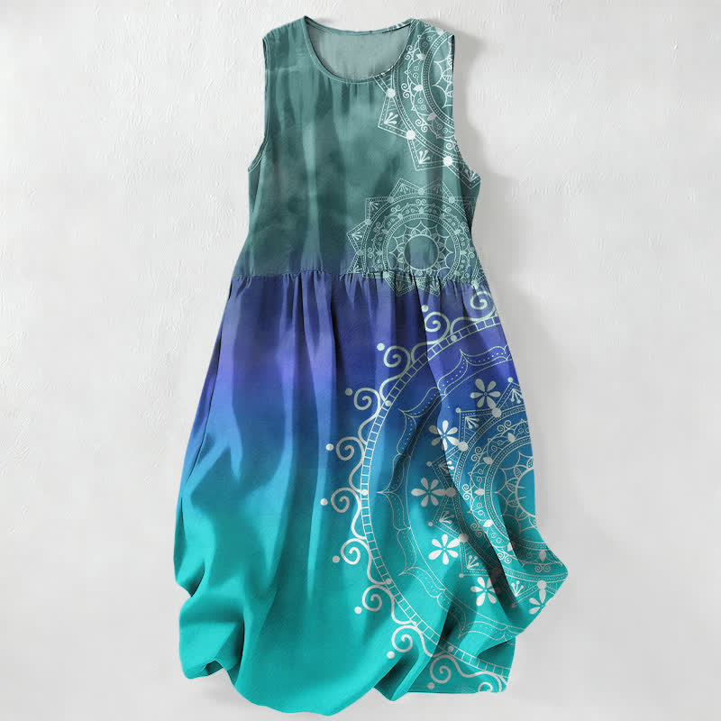 Nimara Ritual Summer Casual Boho Mandala Ombre Pattern Women's Summer Sleeveless Midi Dress With Pockets