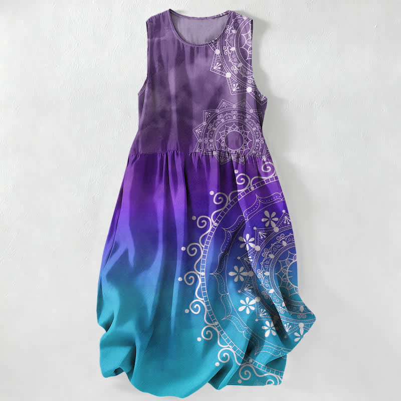 Nimara Ritual Summer Casual Boho Mandala Ombre Pattern Women's Summer Sleeveless Midi Dress With Pockets