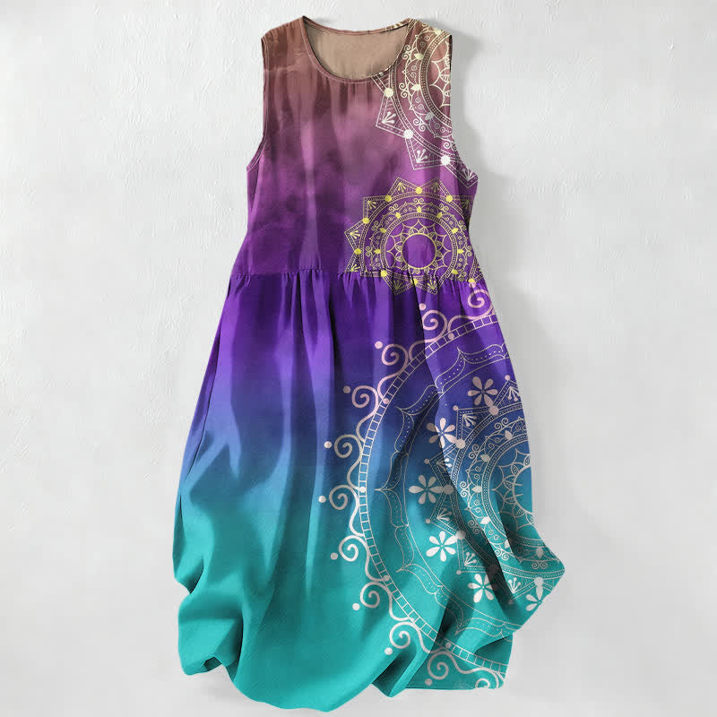 Nimara Ritual Summer Casual Boho Mandala Ombre Pattern Women's Summer Sleeveless Midi Dress With Pockets