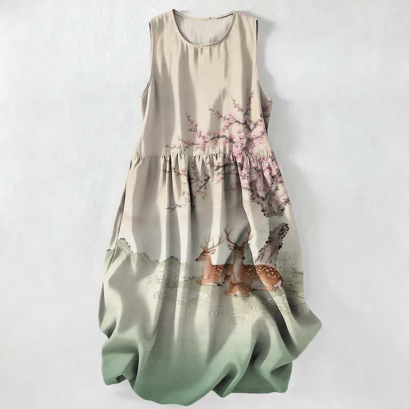 Nimara Ritual Summer Casual Peach Blossom Tree Sika Deer Landscape Pattern Women's Summer Sleeveless Midi Dress With Pockets
