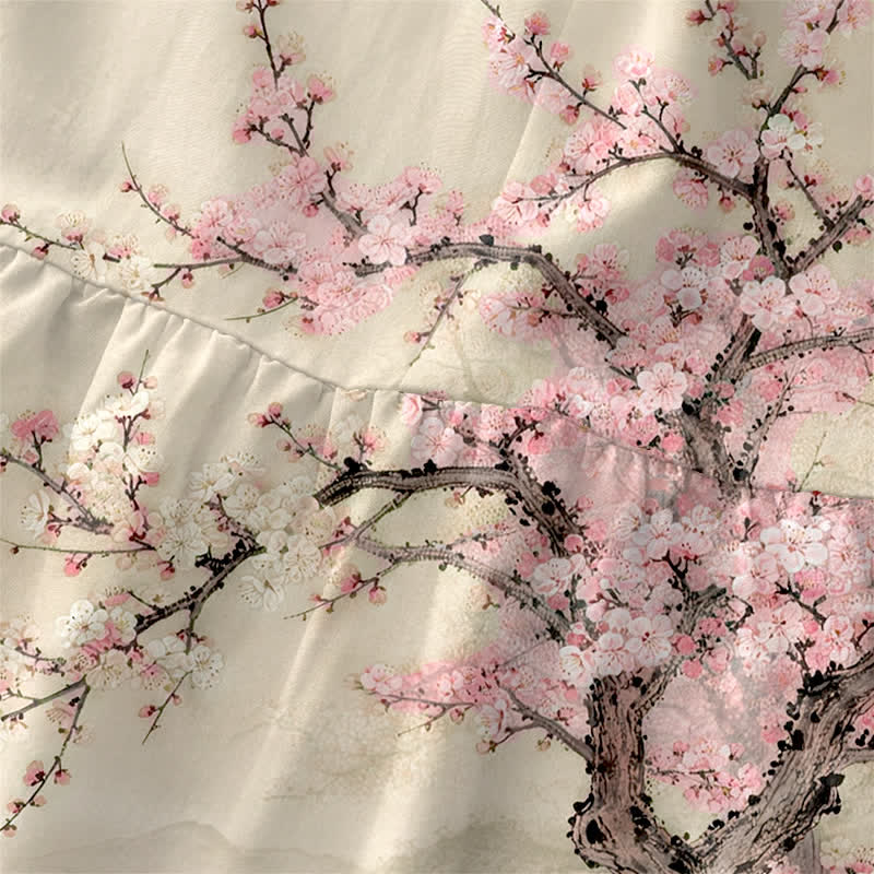 Nimara Ritual Summer Casual Peach Blossom Tree Sika Deer Landscape Pattern Women's Summer Sleeveless Midi Dress With Pockets