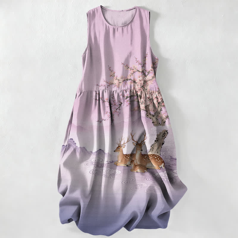 Nimara Ritual Summer Casual Peach Blossom Tree Sika Deer Landscape Pattern Women's Summer Sleeveless Midi Dress With Pockets