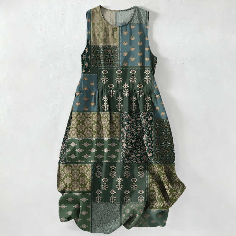 Nimara Ritual Summer Casual Vintage Patchwork Floral Leaves Pattern Women's Summer Sleeveless Midi Dress With Pockets