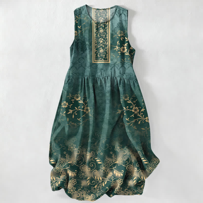 Nimara Ritual Summer Casual Vintage Floral Vine Pattern Women's Summer Sleeveless Midi Dress With Pockets