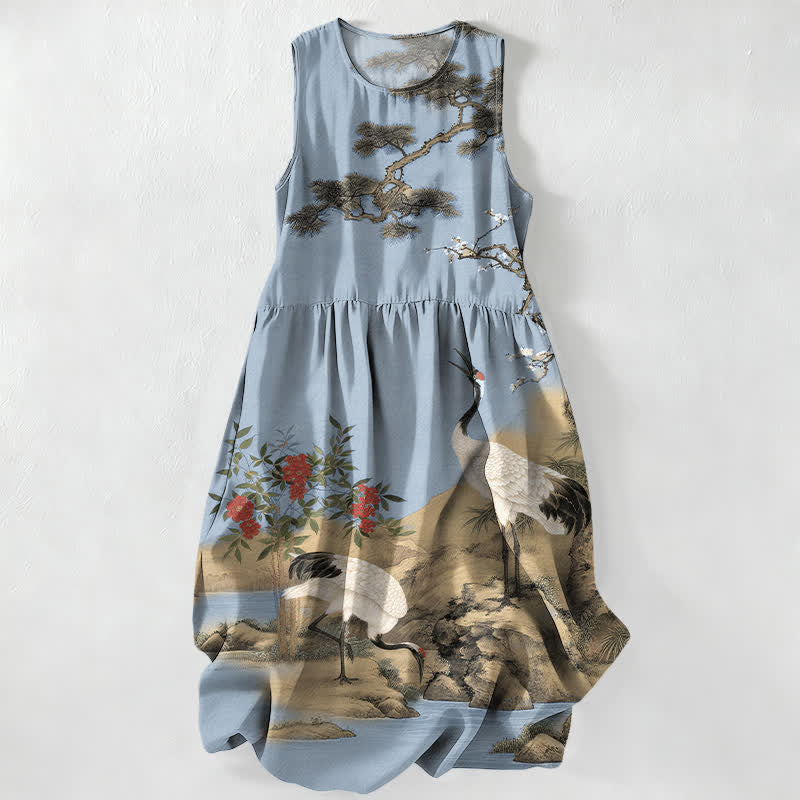 Nimara Ritual Summer Casual Red Flower Crane Plum Blossom Pine Branches Pattern Women's Summer Sleeveless Midi Dress With Pockets