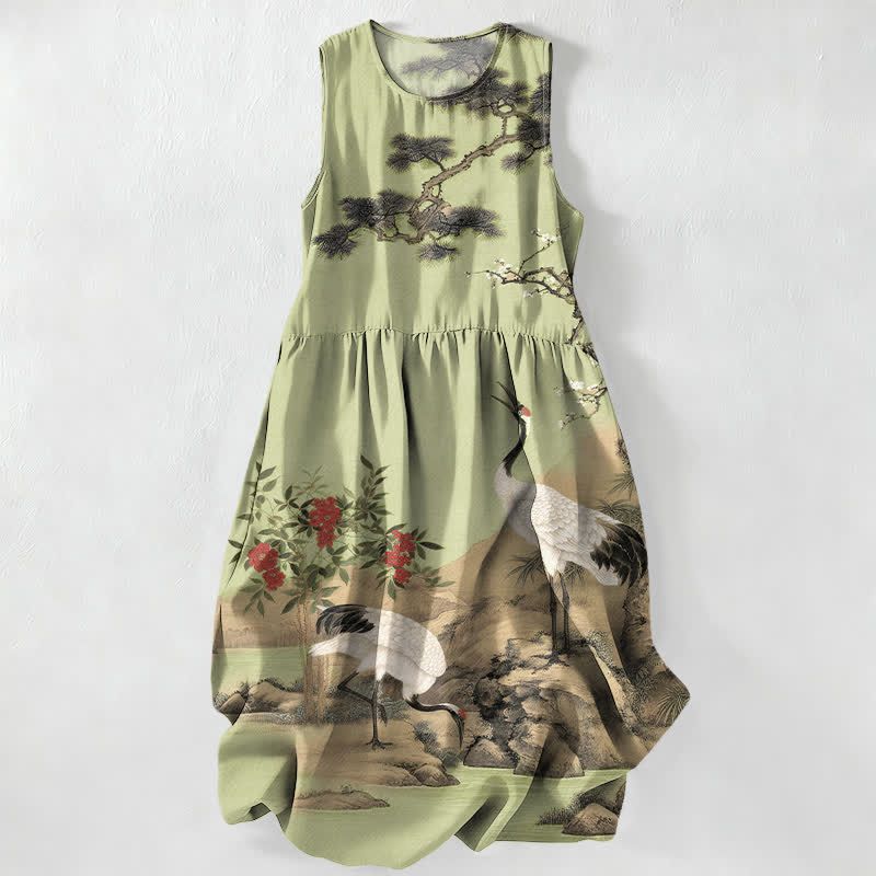 Nimara Ritual Summer Casual Red Flower Crane Plum Blossom Pine Branches Pattern Women's Summer Sleeveless Midi Dress With Pockets