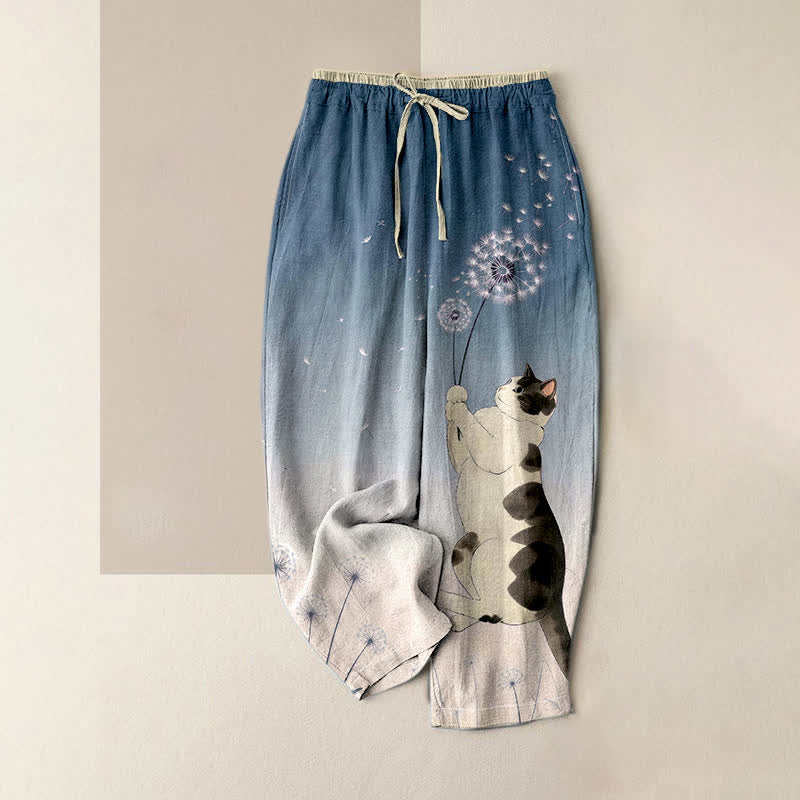 Nimara Ritual Pure Cotton Dreamy Cow Cat Dandelion Pattern Women's Elastic Waist Pants With Pockets