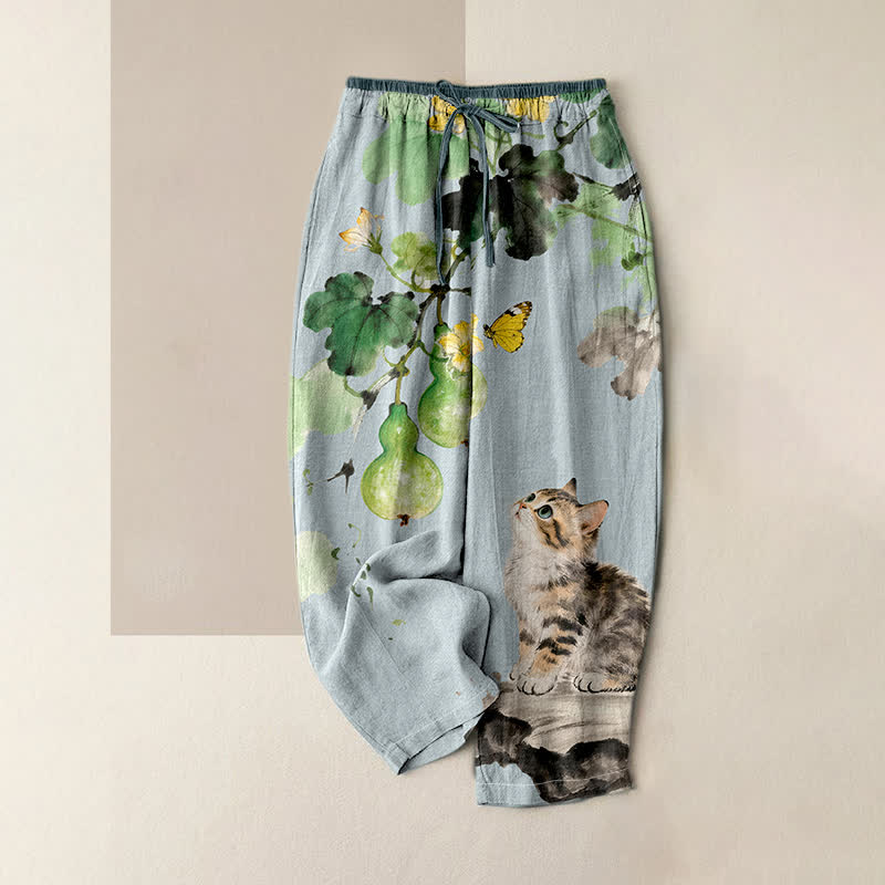 Nimara Ritual Pure Cotton Gourd Vines Yellow Butterfly Cat Pattern Women's Elastic Waist Pants With Pockets
