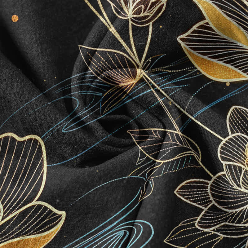 Nimara Ritual Pure Cotton Koi Fish Gold Lotus Pattern Women's Elastic Waist Pants With Pockets