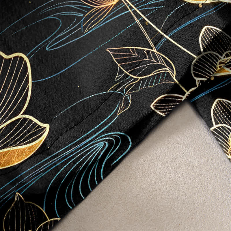 Nimara Ritual Pure Cotton Koi Fish Gold Lotus Pattern Women's Elastic Waist Pants With Pockets