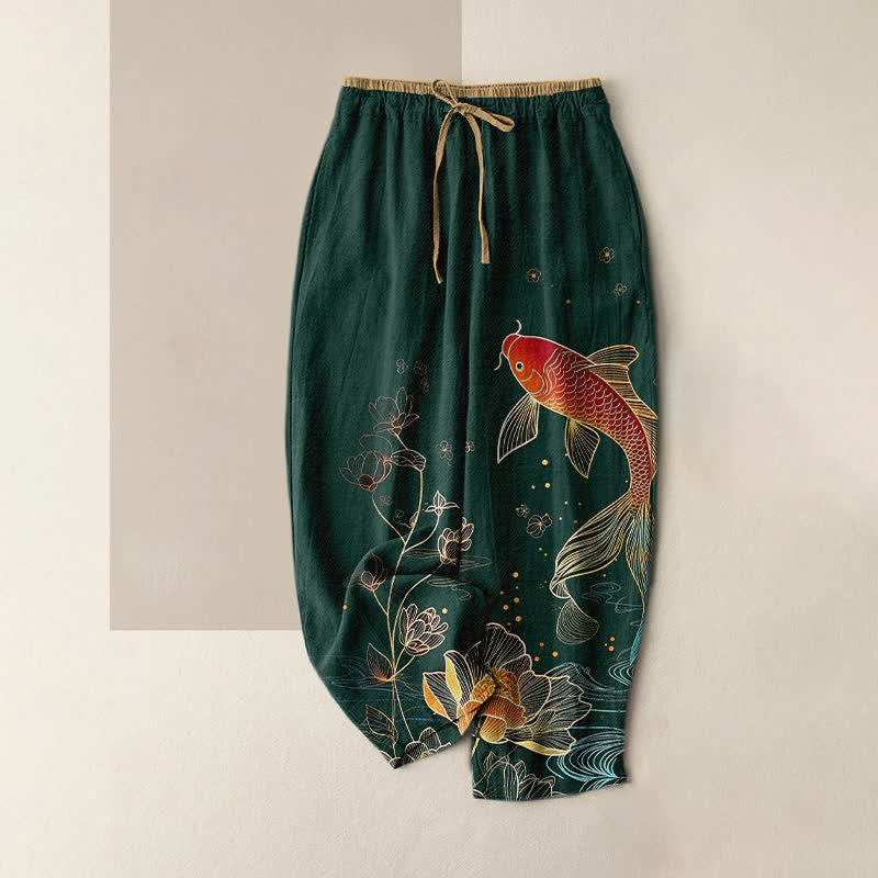 Nimara Ritual Pure Cotton Koi Fish Gold Lotus Pattern Women's Elastic Waist Pants With Pockets