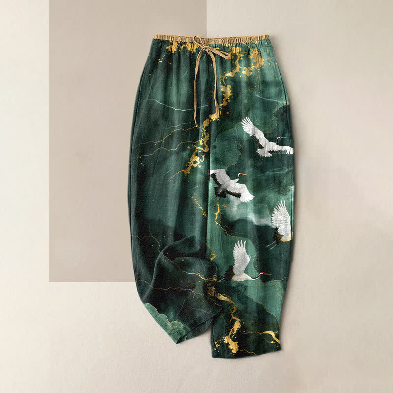 Nimara Ritual Pure Cotton Elegant White Crane Gold Pattern Women's Elastic Waist Pants With Pockets
