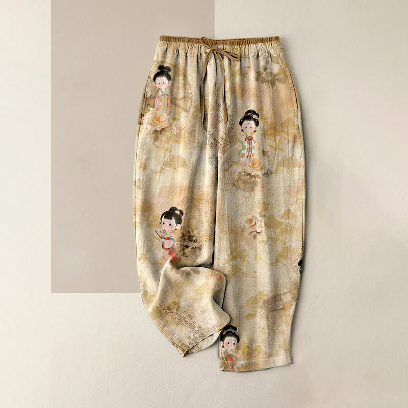 Nimara Ritual Pure Cotton Vintage Geisha Floral Pattern Women's Elastic Waist Pants With Pockets