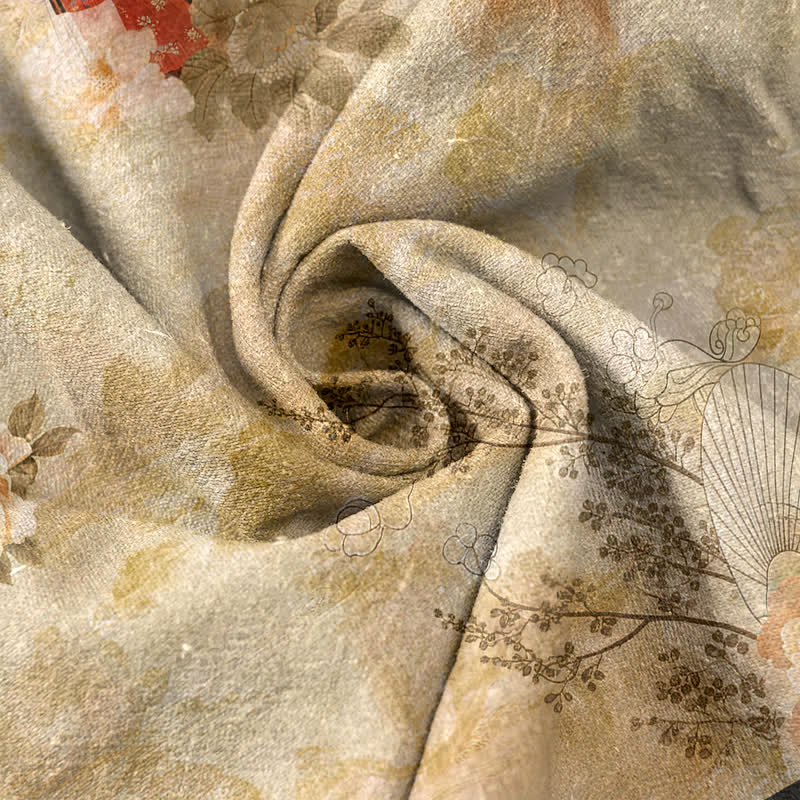 Nimara Ritual Pure Cotton Vintage Geisha Floral Pattern Women's Elastic Waist Pants With Pockets