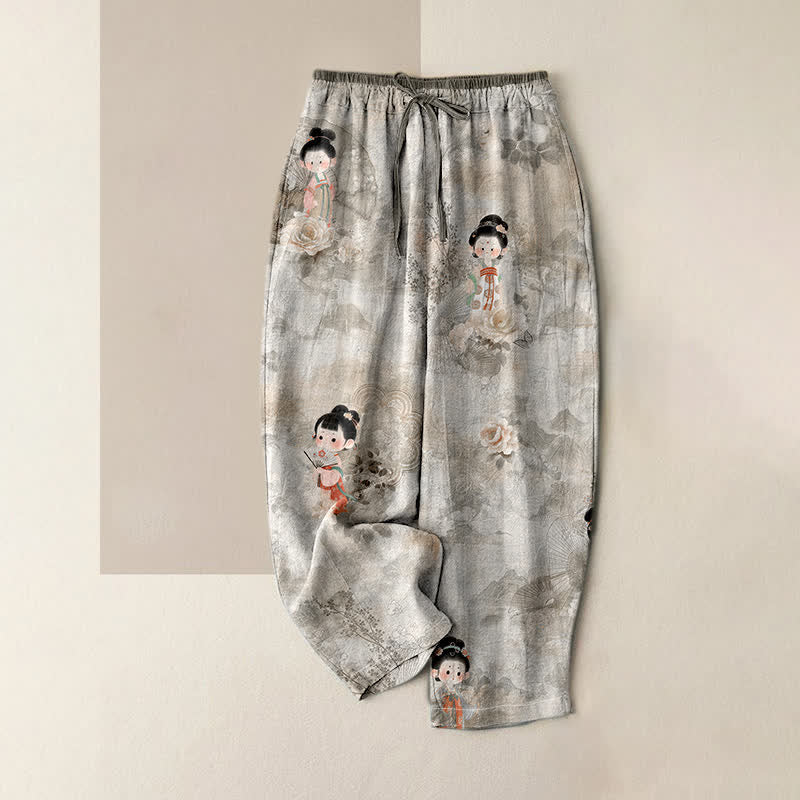 Nimara Ritual Pure Cotton Vintage Geisha Floral Pattern Women's Elastic Waist Pants With Pockets