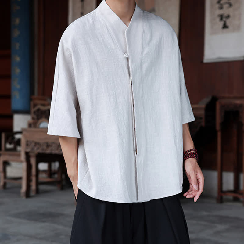 Nimara Ritual Spring Summer Tang Style Minimalist Pankou Solid Men's Elbow-Length Shirts