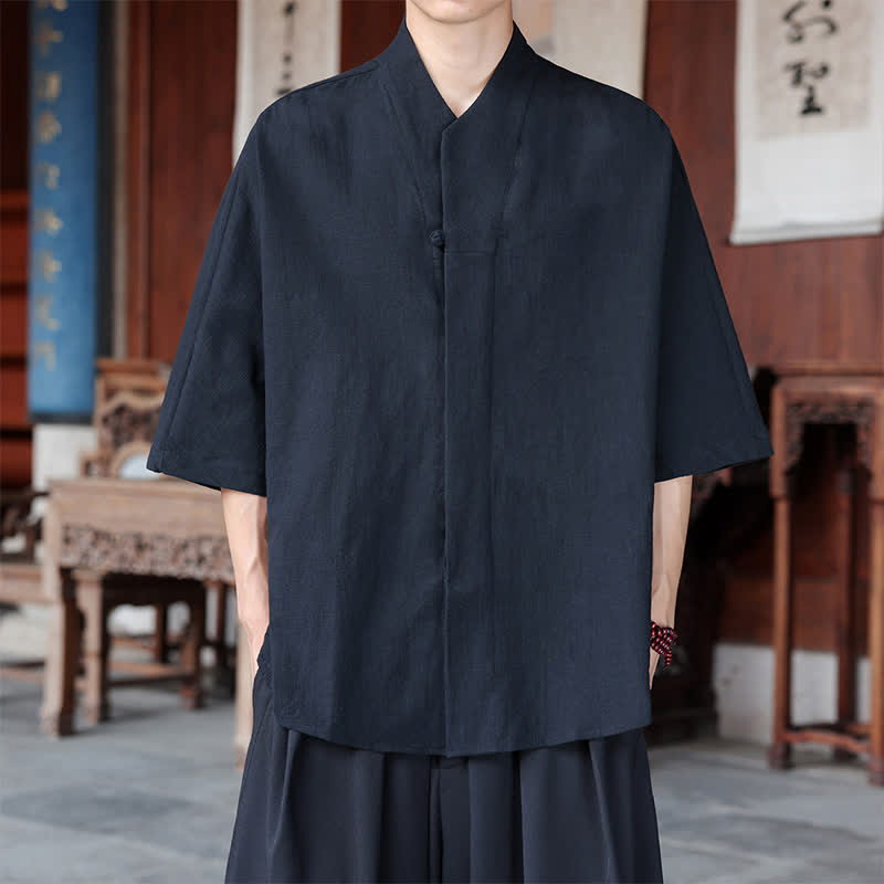 Nimara Ritual Spring Summer Tang Style Minimalist Pankou Solid Men's Elbow-Length Shirts