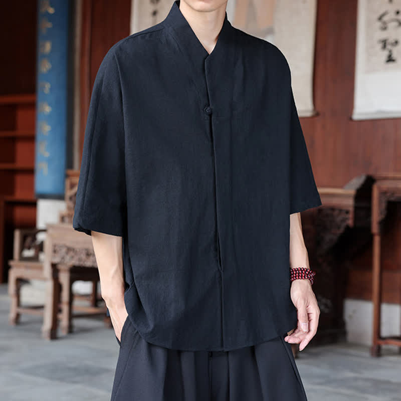 Nimara Ritual Spring Summer Tang Style Minimalist Pankou Solid Men's Elbow-Length Shirts