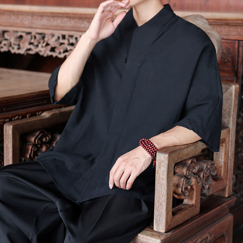 Nimara Ritual Spring Summer Tang Style Minimalist Pankou Solid Men's Elbow-Length Shirts