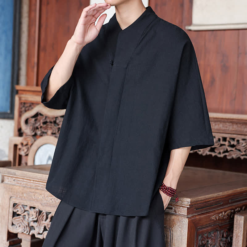 Nimara Ritual Spring Summer Tang Style Minimalist Pankou Solid Men's Elbow-Length Shirts