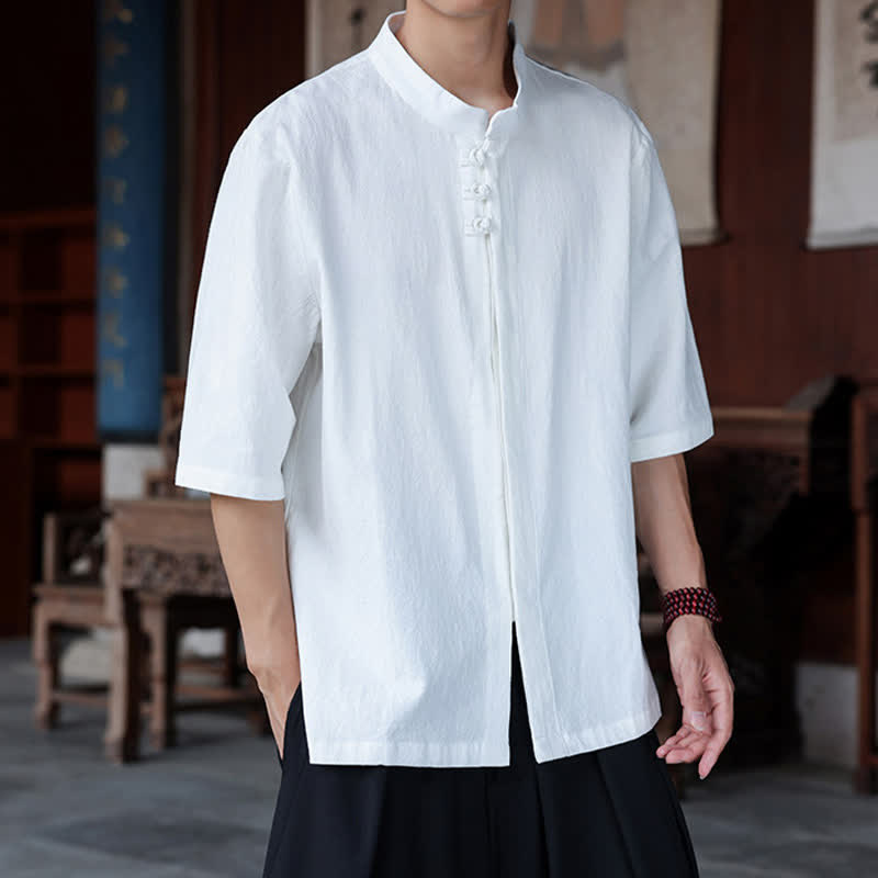 Nimara Ritual Spring Summer Tang Style Casual Frog Button Solid Cotton Linen Men's Elbow-Length Sleeve Shirts