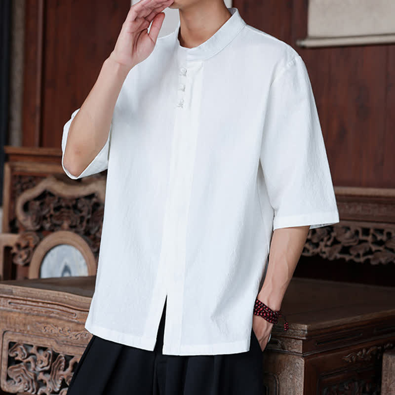Nimara Ritual Spring Summer Tang Style Casual Frog Button Solid Cotton Linen Men's Elbow-Length Sleeve Shirts