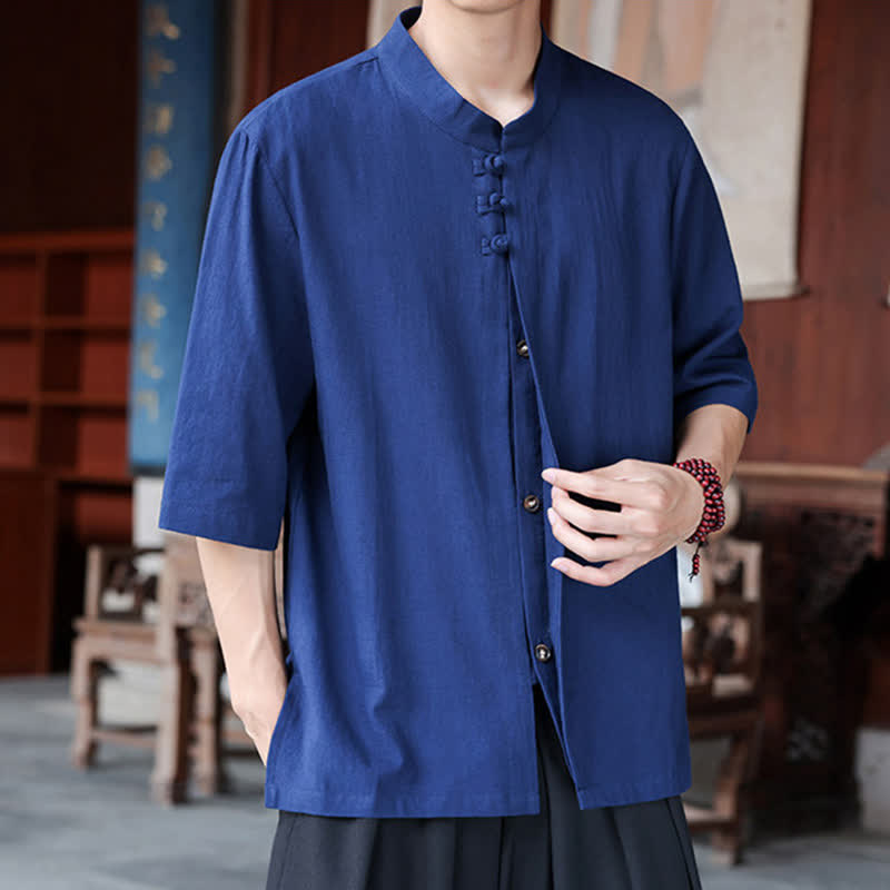 Nimara Ritual Spring Summer Tang Style Casual Frog Button Solid Cotton Linen Men's Elbow-Length Sleeve Shirts