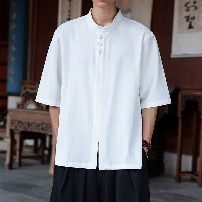 Nimara Ritual Spring Summer Tang Style Casual Frog Button Solid Cotton Linen Men's Elbow-Length Sleeve Shirts
