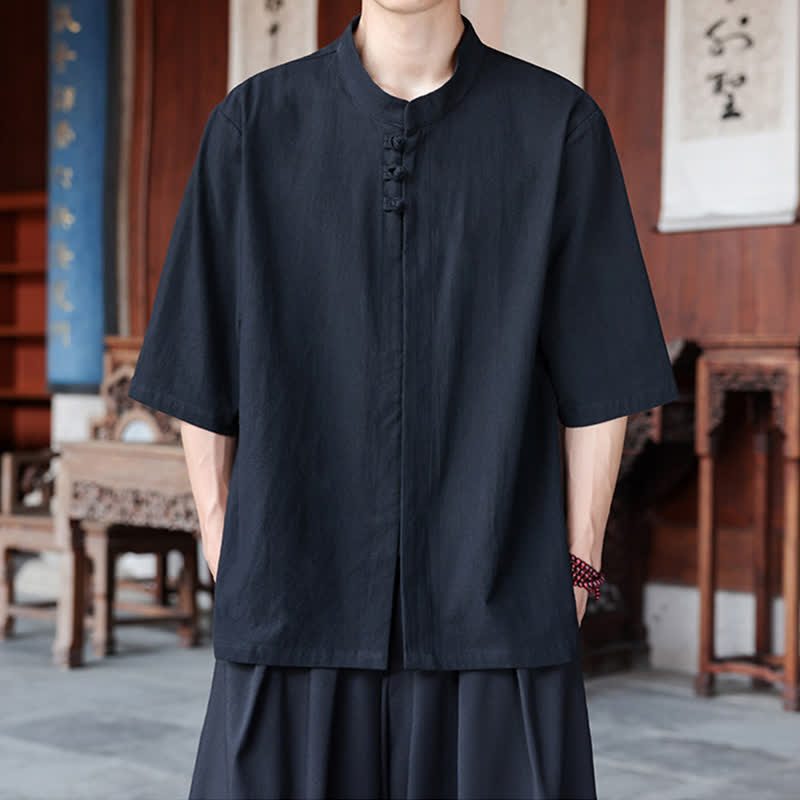 Nimara Ritual Spring Summer Tang Style Casual Frog Button Solid Cotton Linen Men's Elbow-Length Sleeve Shirts