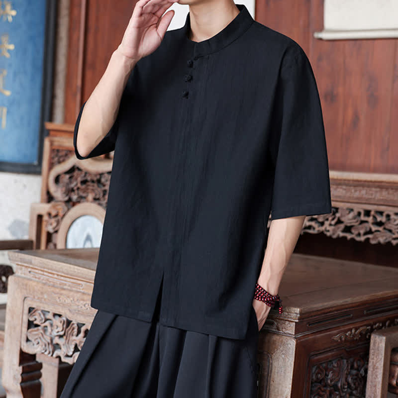 Nimara Ritual Spring Summer Tang Style Casual Frog Button Solid Cotton Linen Men's Elbow-Length Sleeve Shirts