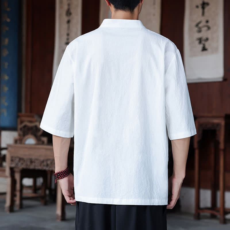 Nimara Ritual Spring Summer Tang Style Casual Frog Button Solid Cotton Linen Men's Elbow-Length Sleeve Shirts