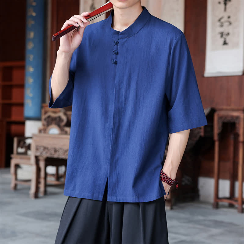 Nimara Ritual Spring Summer Tang Style Casual Frog Button Solid Cotton Linen Men's Elbow-Length Sleeve Shirts