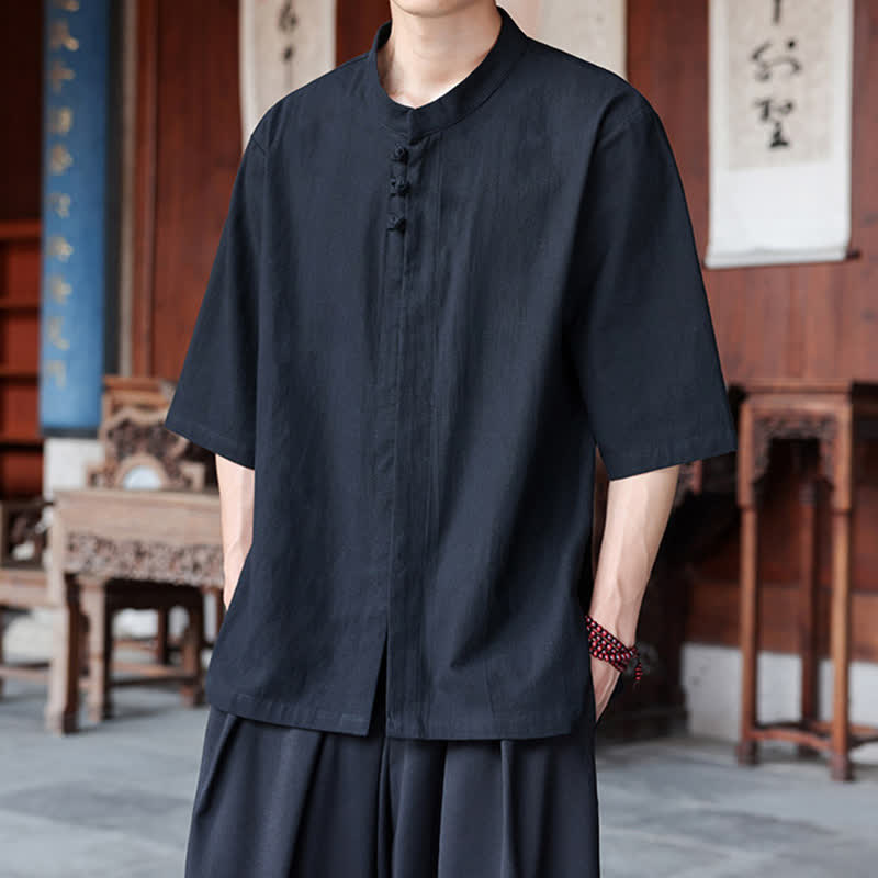 Nimara Ritual Spring Summer Tang Style Casual Frog Button Solid Cotton Linen Men's Elbow-Length Sleeve Shirts