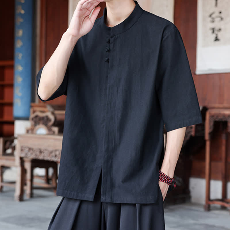 Nimara Ritual Spring Summer Tang Style Casual Frog Button Solid Cotton Linen Men's Elbow-Length Sleeve Shirts