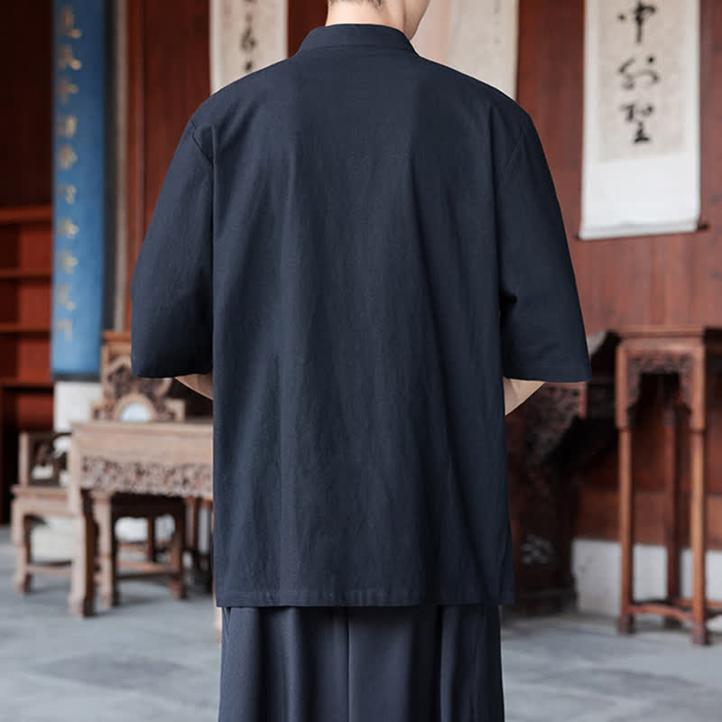 Nimara Ritual Spring Summer Tang Style Casual Frog Button Solid Cotton Linen Men's Elbow-Length Sleeve Shirts