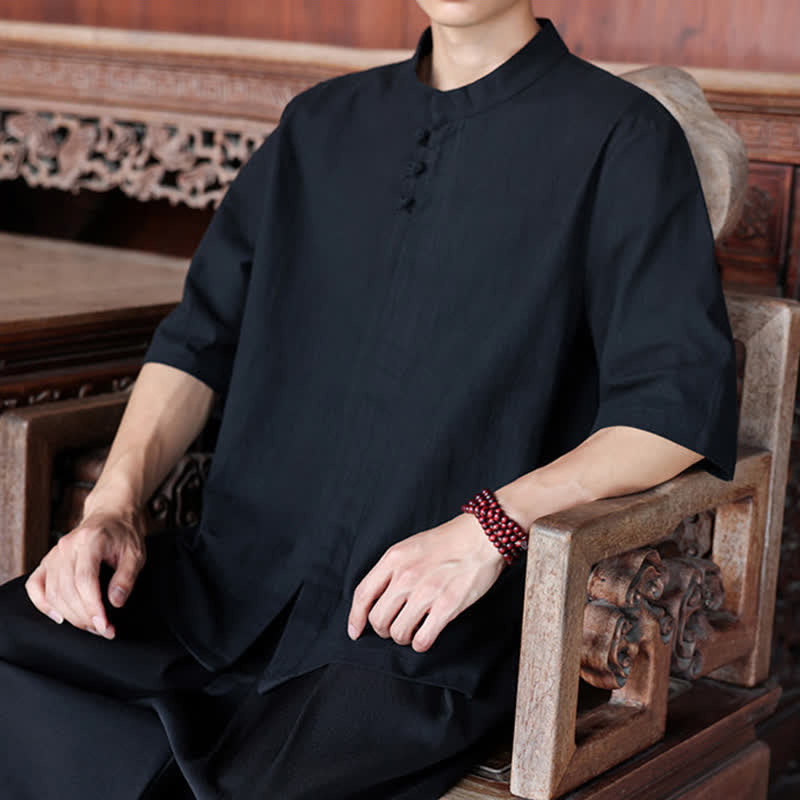 Nimara Ritual Spring Summer Tang Style Casual Frog Button Solid Cotton Linen Men's Elbow-Length Sleeve Shirts