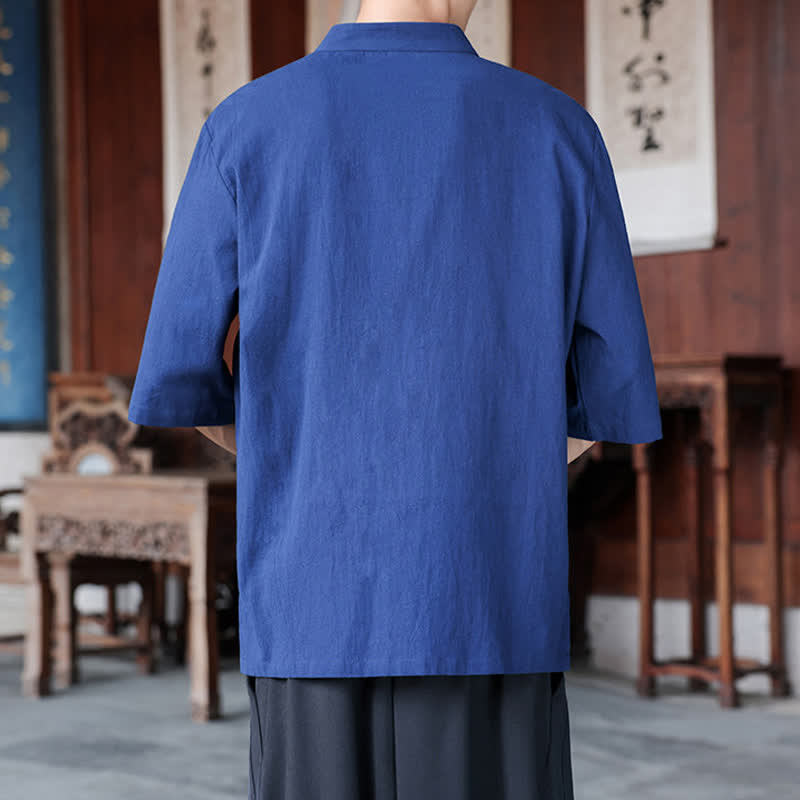 Nimara Ritual Spring Summer Tang Style Casual Frog Button Solid Cotton Linen Men's Elbow-Length Sleeve Shirts