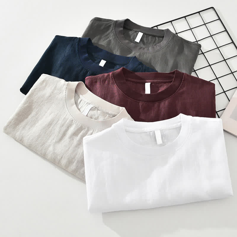 Nimara Ritual Summer Casual Minimalist Solid Linen Crew Neck Men's Short Sleeve T-Shirts