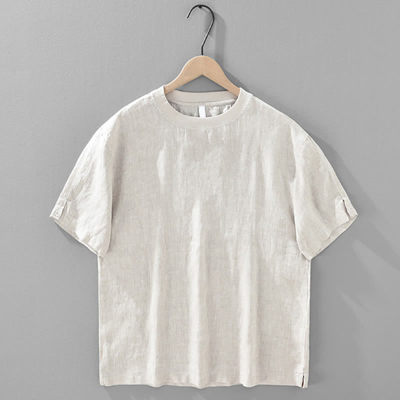 Nimara Ritual Summer Casual Minimalist Solid Linen Crew Neck Men's Short Sleeve T-Shirts