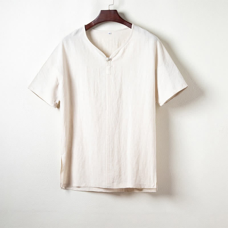 Nimara Ritual Summer Casual Tang Style V-Neck Solid Men's Short Sleeve Shirts